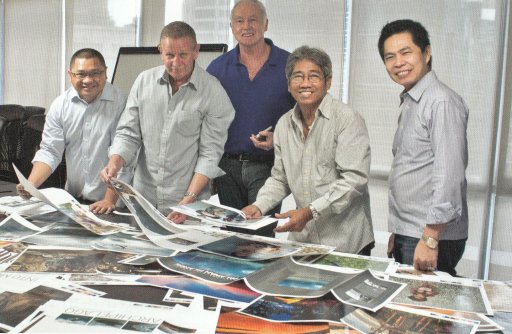 Final checking of color proofs. From left: Manuel N Roma Jr., Simon Leith, Louis-Paul Heussaff, George Tapan, and Eugene Ong.